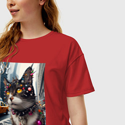 Футболка оверсайз женская Пирсинг Нью-Йоркского кота - нейросеть, цвет: красный — фото 2
