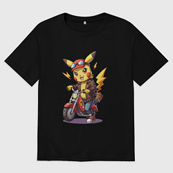 Футболка оверсайз женская Пикачу на красном мотоцикле, цвет: черный