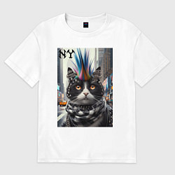 Футболка оверсайз женская Кот панк с разноцветным хаером - Нью-Йорк, цвет: белый