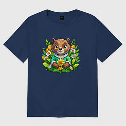Футболка оверсайз женская Медведь среди цветов, цвет: тёмно-синий