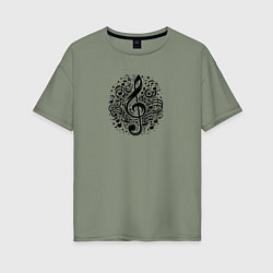 Футболка оверсайз женская Декоративная татуировка с нотами, цвет: авокадо