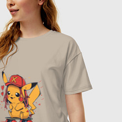 Футболка оверсайз женская Пикачу в кепке на скейте, цвет: миндальный — фото 2