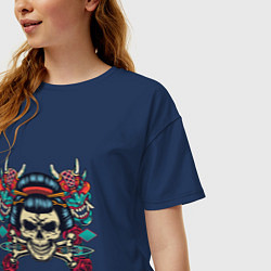Футболка оверсайз женская Японский череп гейши с демонами, цвет: тёмно-синий — фото 2