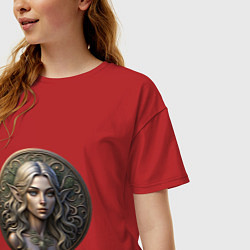 Футболка оверсайз женская Эльфийка на монете из Скайрима, цвет: красный — фото 2
