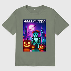 Футболка оверсайз женская Pumpkin and skeleton - neon glow, цвет: авокадо