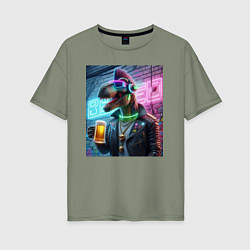 Футболка оверсайз женская Dinosaur dude with a beer mug wearing headphones a, цвет: авокадо