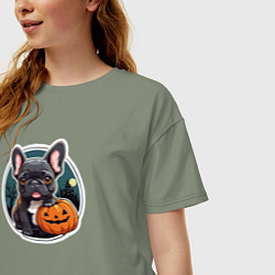 Футболка оверсайз женская Собака французский бульдог с тыквой, цвет: авокадо — фото 2