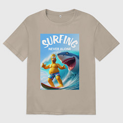 Футболка оверсайз женская Homer Simpson and shark - surfing never alone, цвет: миндальный