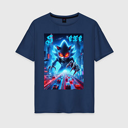 Футболка оверсайз женская Hedgehog in neon metropolis - ai art, цвет: тёмно-синий