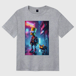 Футболка оверсайз женская Барт Симпсон гуляет с роботом котом в ночном город, цвет: меланж