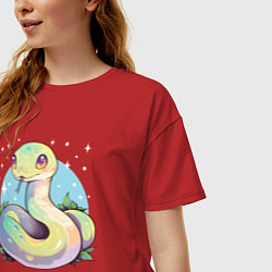 Футболка оверсайз женская Милая зелёная змейка, цвет: красный — фото 2