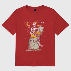 Футболка оверсайз женская Скелет ест пиццу, цвет: красный
