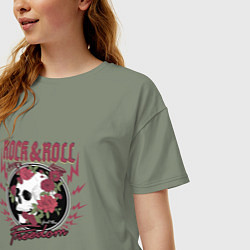 Футболка оверсайз женская Рок н ролл череп и цветы, цвет: авокадо — фото 2