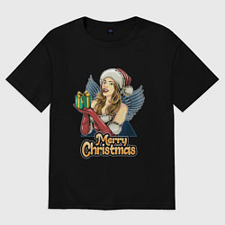 Футболка оверсайз женская Снегурочка с подарком, цвет: черный