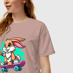 Футболка оверсайз женская Зайчонок крутой скейтбордист - нейроарт, цвет: пыльно-розовый — фото 2