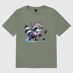 Футболка оверсайз женская Енотик хоккейный форвард - нейроарт, цвет: авокадо