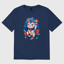 Футболка оверсайз женская Манеки Неко, белая кошка удачи с цветами, цвет: тёмно-синий