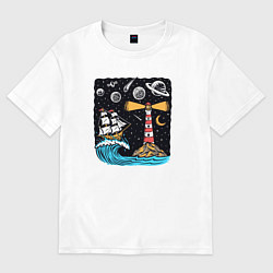 Футболка оверсайз женская Маяк и парусник, цвет: белый