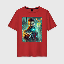 Футболка оверсайз женская Harry Potter with a magic wand - ai art fantasy, цвет: красный