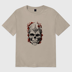 Футболка оверсайз женская Череп с красными цветами, цвет: миндальный