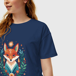Футболка оверсайз женская Лис с венком из ветвей, цвет: тёмно-синий — фото 2