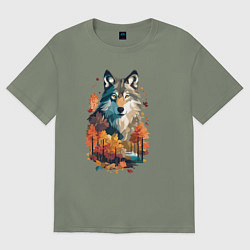 Футболка оверсайз женская Волк и осенний лес, цвет: авокадо