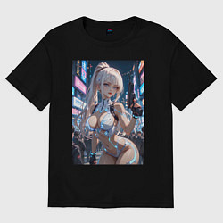 Футболка оверсайз женская Девушка с пистолетом с киберимплантами, цвет: черный