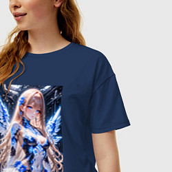 Футболка оверсайз женская Девушка с кибернетическими крыльями, цвет: тёмно-синий — фото 2