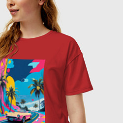 Футболка оверсайз женская Кабриолет едет по тропическому острову в стиле Куб, цвет: красный — фото 2