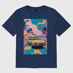 Футболка оверсайз женская Кабриолет едет по тропическому острову, цвет: тёмно-синий