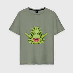 Женская футболка оверсайз Cartoon monster with spikes green