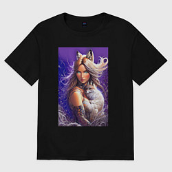 Футболка оверсайз женская Девушка-лиса с лисёнком нейроарт, цвет: черный