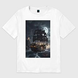 Футболка оверсайз женская Пиратский корабль в шторм, цвет: белый