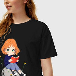 Футболка оверсайз женская Рыжая девушка читает книгу, цвет: черный — фото 2