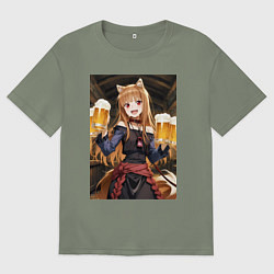 Футболка оверсайз женская Волчица Холо с кружками пива, цвет: авокадо