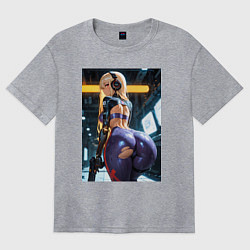 Футболка оверсайз женская Девушка с оружием в киберпанк стиле, цвет: меланж