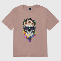 Женская футболка оверсайз The skull in flowers