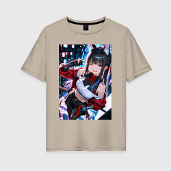 Футболка оверсайз женская Озорная кошка-ниндзя, цвет: миндальный