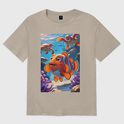 Футболка оверсайз женская Рыбка клоун плавает с черепахами, цвет: миндальный