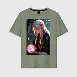 Женская футболка оверсайз Серьёзная эльфийка с магической сферой