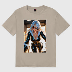 Женская футболка оверсайз Черная кошка в комнате