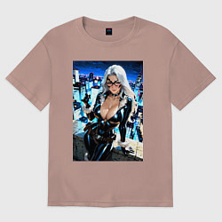 Футболка оверсайз женская Черная кошка с брилиантом на крыше здания, цвет: пыльно-розовый