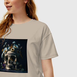 Футболка оверсайз женская Череп мрачный в цветах, цвет: миндальный — фото 2