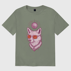 Футболка оверсайз женская Лиса в очках с диско-шаром, цвет: авокадо