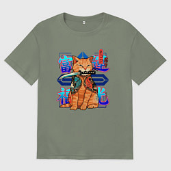 Женская футболка оверсайз Татуха с котом якудза с мечом катана киберпанк