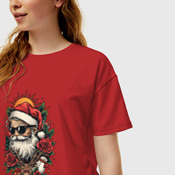 Футболка оверсайз женская Дед мороз в черных очках и олень, цвет: красный — фото 2