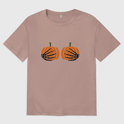 Футболка оверсайз женская Хэллоуин Тыквы на груди, цвет: пыльно-розовый