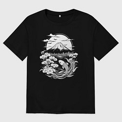 Футболка оверсайз женская Фудзи и карп кои, цвет: черный