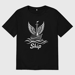 Футболка оверсайз женская Крылатый корабль, цвет: черный