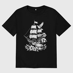 Футболка оверсайз женская Пиратский бриг сокровища и попугаи, цвет: черный